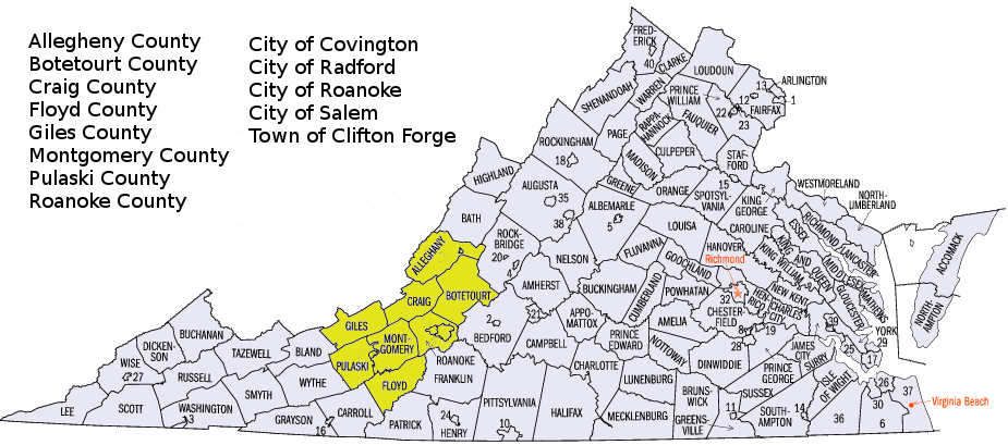 jurisdictions in the Roanoke - Blacksburg Technology Council stretch from the Blue Ridge to the West Virginia border