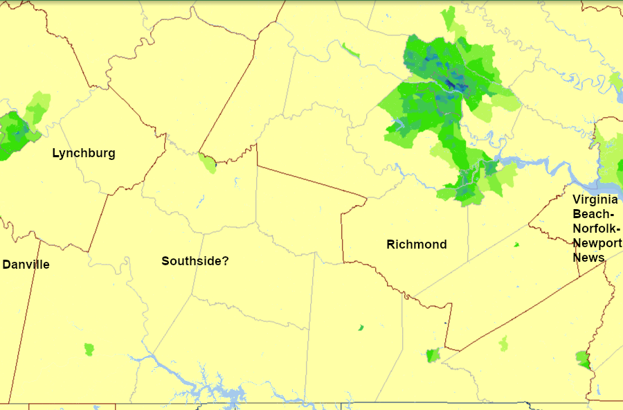 modern Southside Virginia could be whatever is not included in a Metro Area