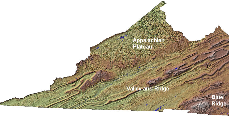 in far southwestern Virginia, the Valley and Ridge physiographic province is bordered on the northwest by the relatively flat topography of the Appalachian Plateau  and on the east by the Blue Ridge (including Mount Rogers, highest peak in Virginia)