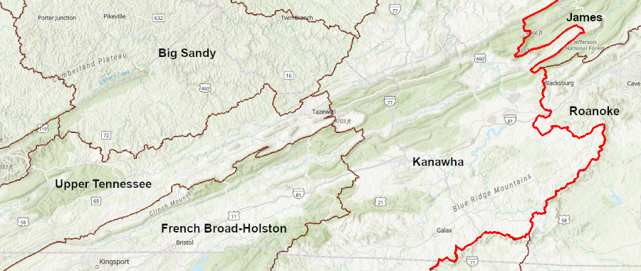 if Southwest Virginia was defined by the Eastern Continental Divide (red line), Roanoke would still be excluded from the region