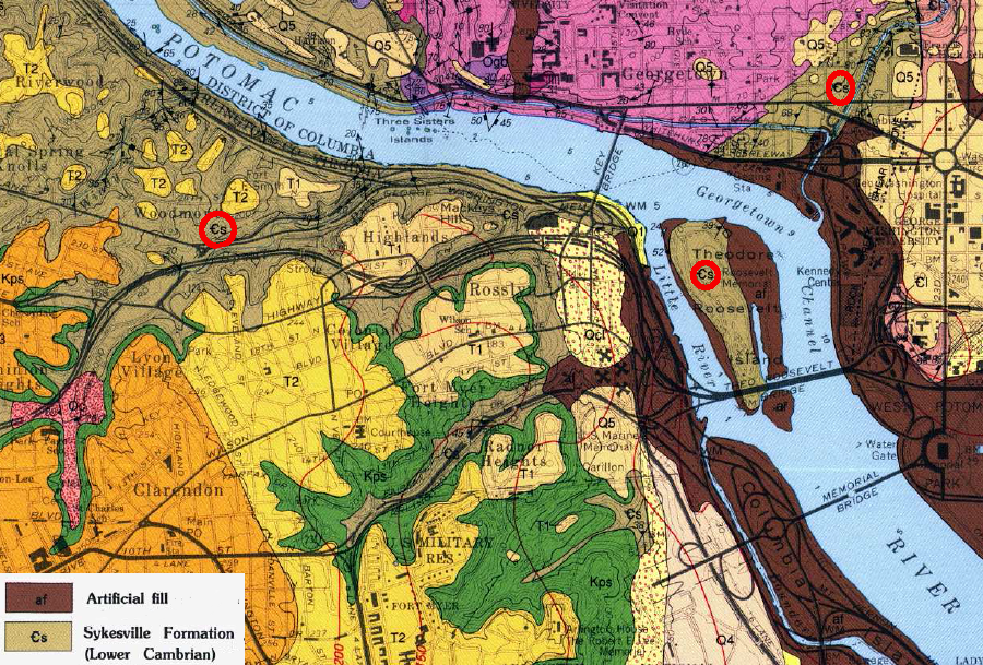 500-million-year-old (Cambrian Period) crystalline bedrock outcrops are buried beneath younger Coastal Plain sediments and artificial fill, east of Teddy Roosevelt Island and Rock Creek Park