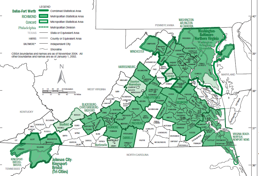 Metropolitan and Micropolitan Statistical Areas in Virginia in 2004