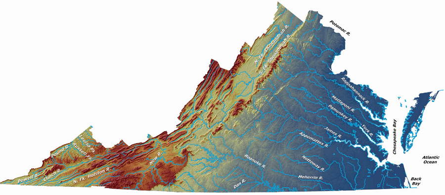 shaded relief map showing Virginia's physiography and surface hydrology - where would you draw the lines to define physiographic boundaries?