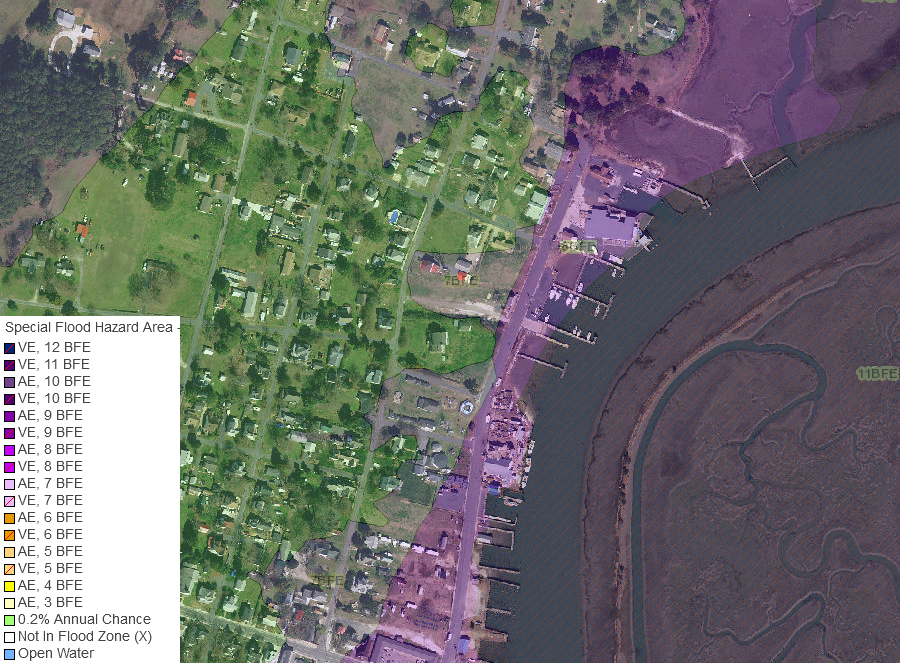 most structures in Wachapreague are in the 500-year flood plain (green shows 0.2% annual chance)