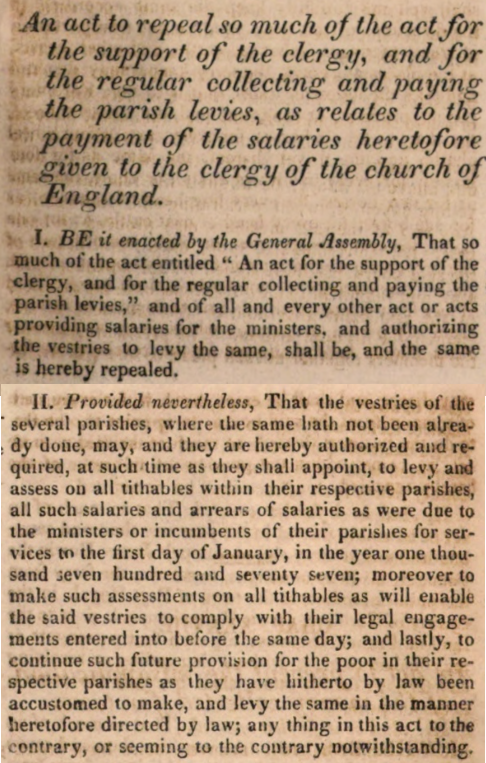 mandatory payment of salaries to Church of England ministers ended in 1779