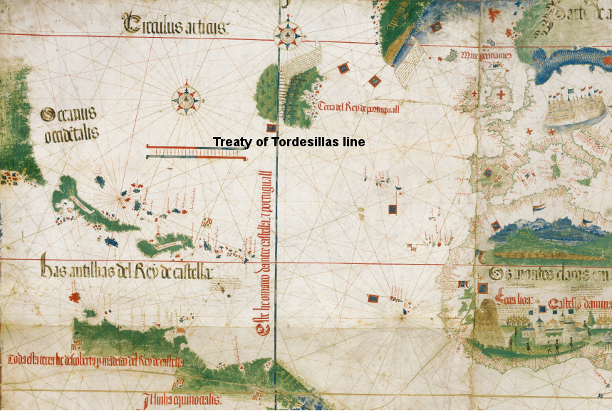 the Spanish and Portuguese divided the New World between them in the 1494 Treaty of Tordesillas, allocating a portion of Brazil to Portugal and all of the Caribbean islands and North America to Spain