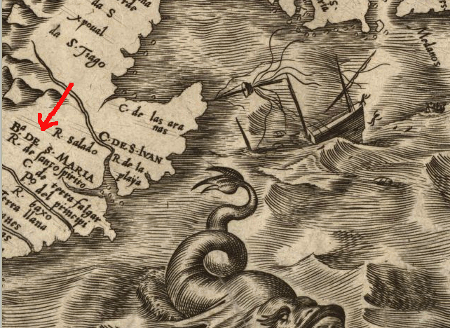 1562 map showing Chesapeake Bay as Bahia de Santa Maria - but blurring distinction between Susquehanna and Delaware rivers