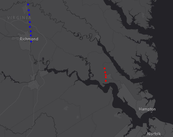 a 1634 palisade between Queen and College creeks (red line) isolated the eastern half of the Peninsula, but the Treaty of 1646 required Native Americans to wear a badge or striped coat anywhere between the James/York rivers east of the Fall Line (blue line)