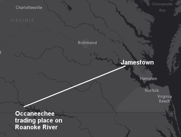 the rebels under Nathaniel Bacon attacked the Occoneechee, 100 miles from Jamestown