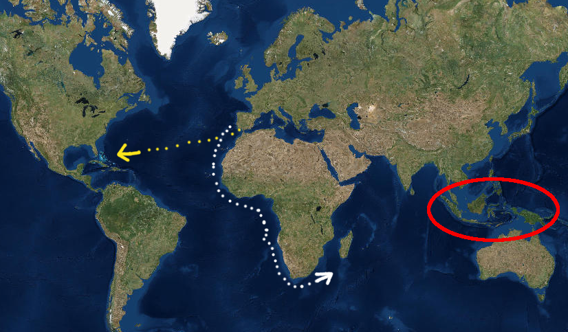 the Spanish (yellow dots) sailed west across the Atlantic Ocean because the Portuguese already dominated the potential to go south (white dots) past the Cape of Good Hope at the tip of Africa to the Spice Islands (red oval)