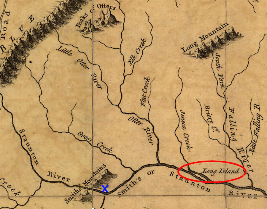 Akenatzy could have been at Long Island (red circle) or near Smith Mountain Gap (blue X)