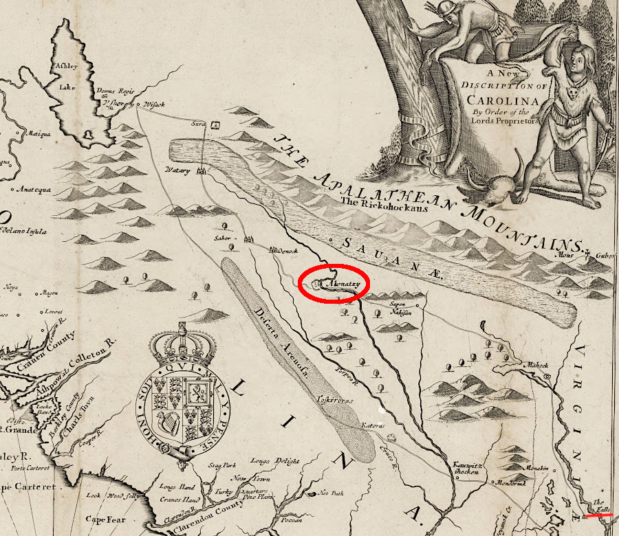 Akenatzy could have been at Long Island (red circle) or even near Smith Mountain Gap (blue X)