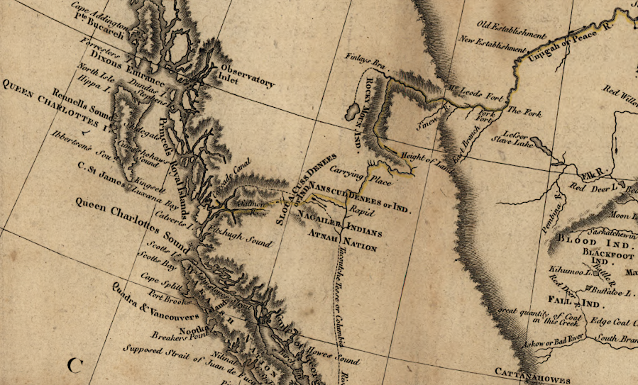 Alexander Mackenzie reached the Pacific Ocean (yellow line) a decade before Lewis and Clark