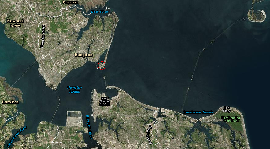 Fort Algernon, where three men from the Spanish spy ship La Nuestra Senora del Rosario came ashore, was located at the current site of Fort Monroe on Point Comfort (red circle)