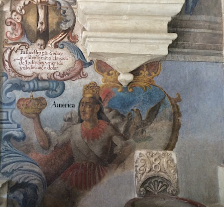 paintings at the entrance to the Catholic church in Atotonilco, Mexico show the long linkage in Spanish-settled areas of the Old World and New World