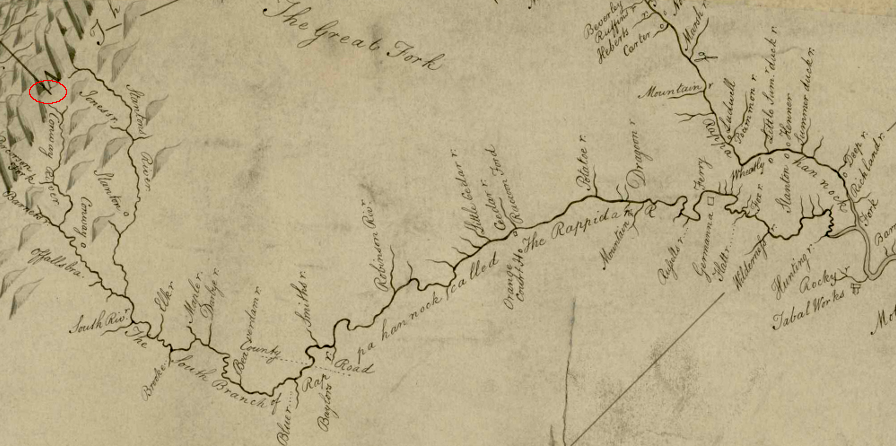 in 1745 the Privy Council decided that the Rapidan River was the southern fork of the Rappahannock River, and the headspring of the Conway River (red circle) would define the southern boundary of the Fairfax Grant