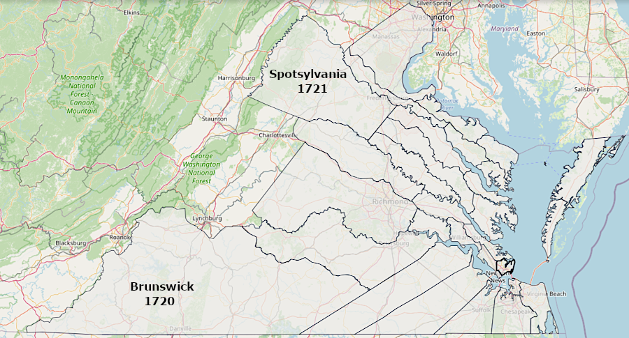 Brunswick and Spotsylvania counties were created as part of Gov. Spotswood's strategy to increase the western population as a defensive barrier