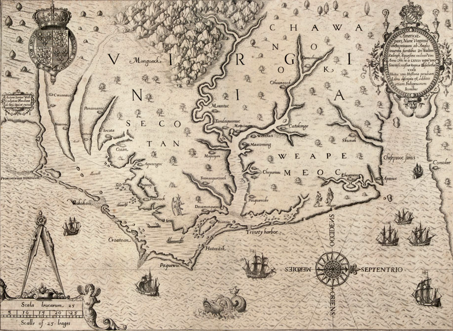 in 1588, Theodore de Bry's engraving of John White map was published in Thomas Hariot's book A Briefe and True Report of the New Found Land of Virginia