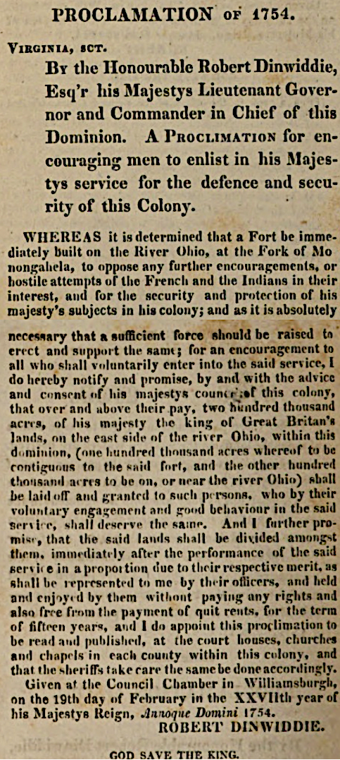 to recruit soldiers in 1754, Governor Dinwiddie promised free land plus a 15-year exemption from quit rents (property taxes