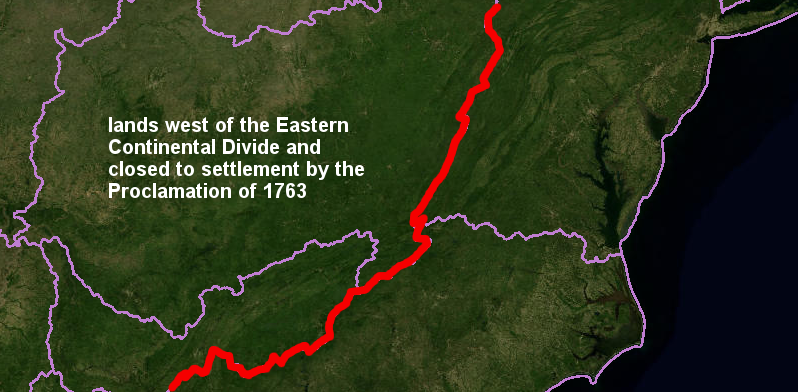 the Proclamation of 1763 defined a boundary blocking settlement (red line), based on the Eastern Continental Divide