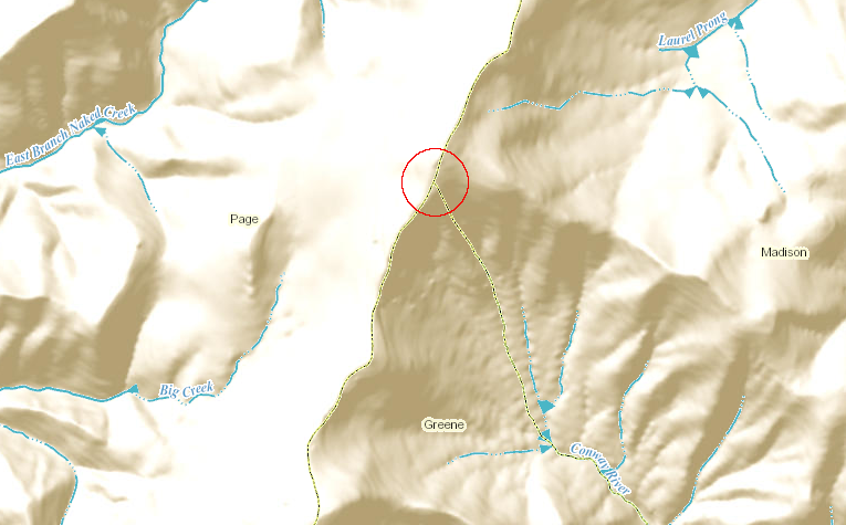 the boundaries of Page, Madison, and Greene counties are defined in part by the location of the headspring of the Rappahannock River, flowing initially off Hazeltop Mountain into the Conway River