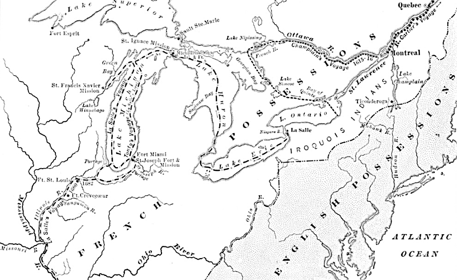 in the 1680's, French explorers were floating down the Mississippi River when the English in Virginia were just beginning to cross the Blue Ridge