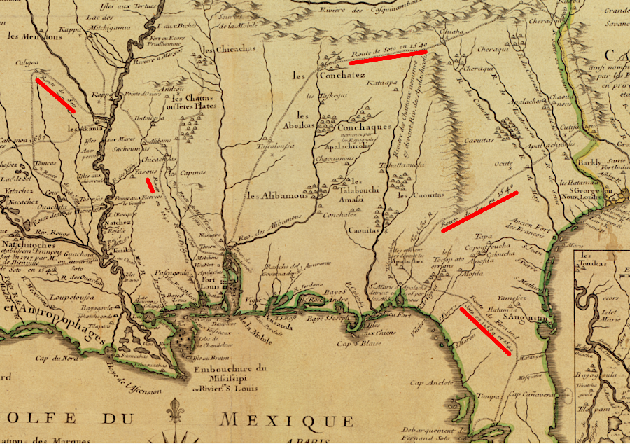 in 1718, a French map showed de Soto's route from modern Tampa to the Mississippi River