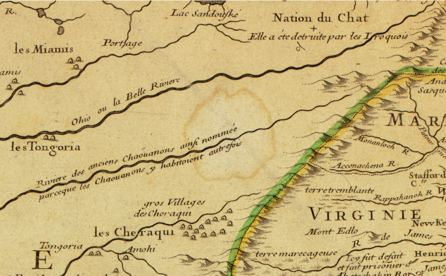 in 1718, the Blue Ridge separated settlers on the east from various Native American groups on the west, including the Cherokee (Cheraqui), Yuchi (Tongoria), Miami, and Erie (Nation de Chat)