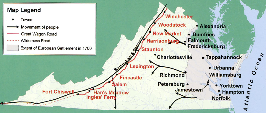 lands west of the Blue Ridge were initially occupied by Scotch-Irish and German immigrants who walked south from Pennsylvania on the Great Wagon Road, rather than by English who migrated from Tidewater across the Blue Ridge