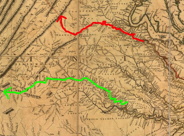 possible settlement paths up Rappahannock and James rivers (as drawn by Joshua Fry and Peter Jefferson in 1751)