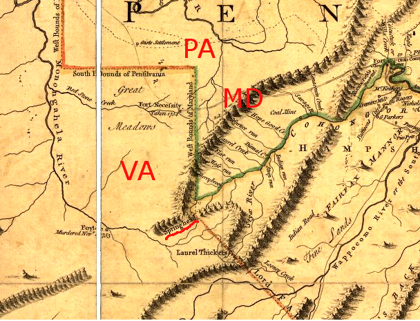 Location of Fairfax Stone at springhead, as depicted on Fry-Jefferson Map of 1755