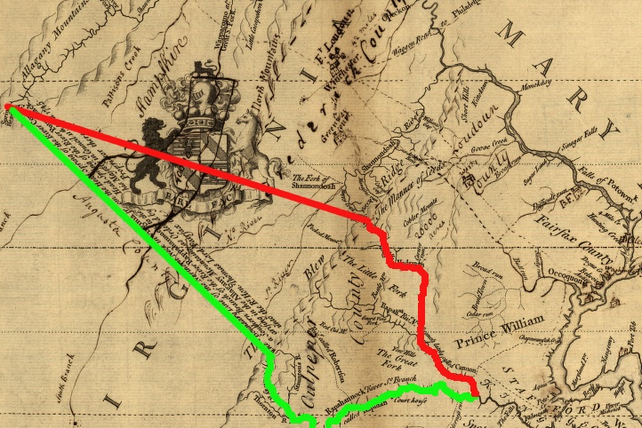 Virginia proposed the red line, Fairfax proposed the green line so his grant would include the land between Rappahannock-Rapidan rivers