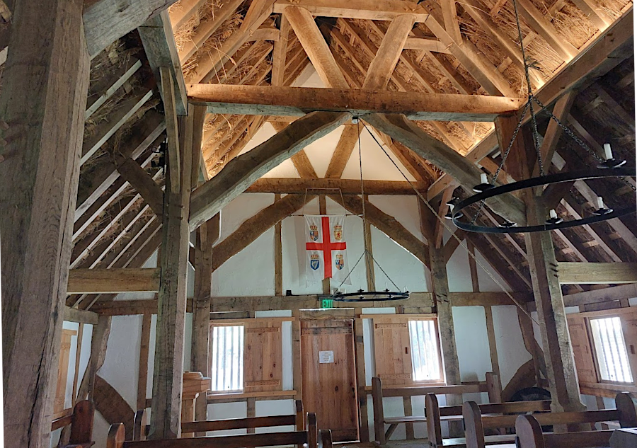 the reconstructed church at Henricus Historical Park, like other buildings, was made using wattle and daub for walls and a thatch roof