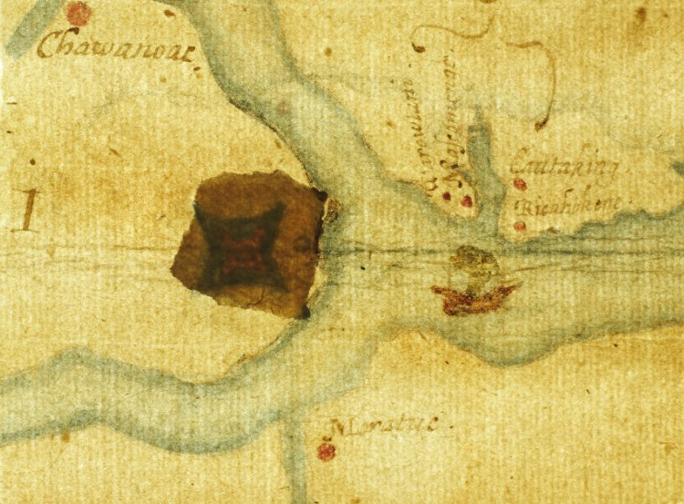 the La Virginea Pars map by John White has a patch that obscures the outline of a fort at the mouth of the Chowan River