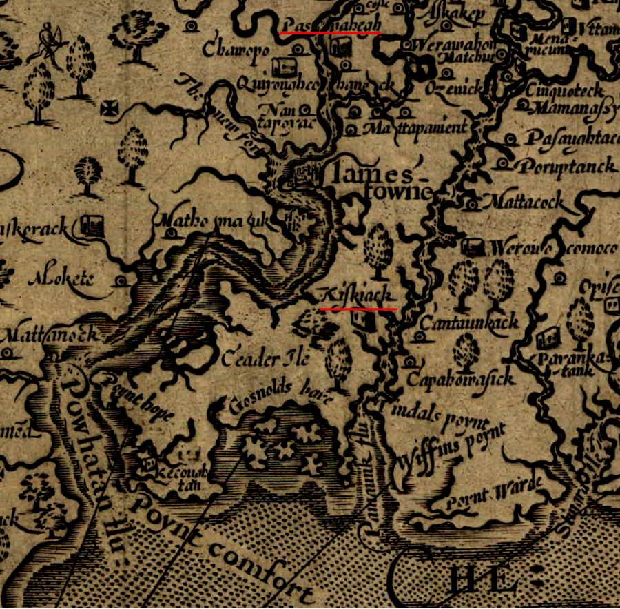 John Smith mapped the location of Kiskiack on the York River and Paspahegh on the James River, one of which may have been the home of Paquiquineo