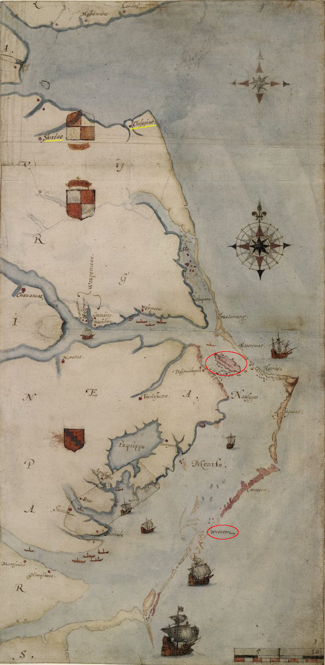 John White sketched the locations of the islands of Wococon and Roanoke, plus the towns of Skicoak and Chesepiuc (near where some English colonists may have spent a portion of the winter of 1585-86)