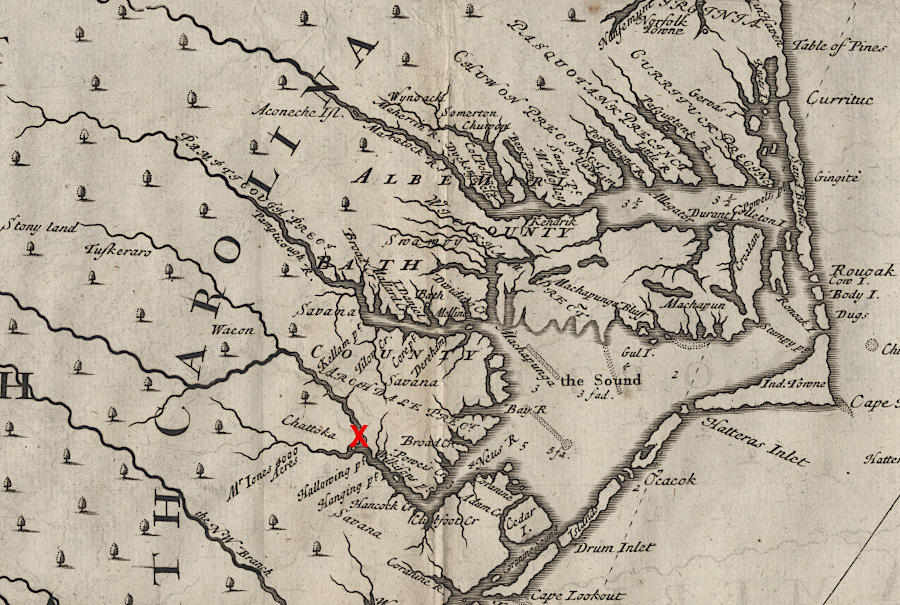 John Lawson mapped the future location of Bern, North Carolina (red X)