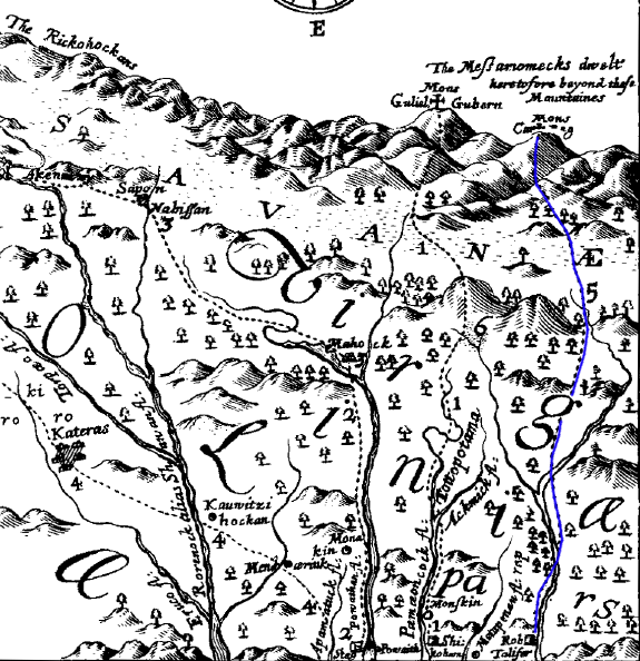 Lederer's third journey (blue line) took him up the Rappahannock River to the Blue Ridge, though the highway marker on Route 55 may be placed farther north than his route