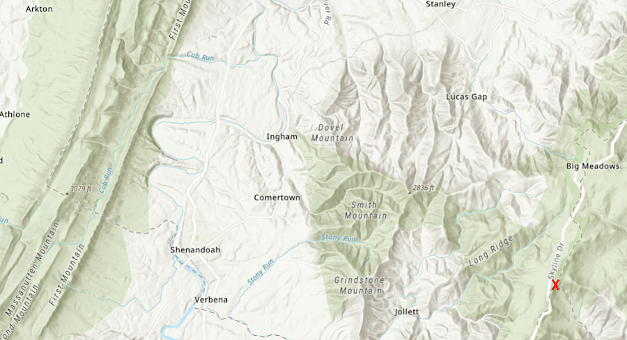 red X marks where Lederer may have looked west from the Blue Ridge on his first journey, if he traveled up the Rapidan River and then the Conway River