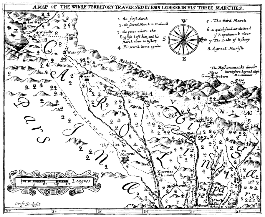 map of Lederer's journeys, based on his claims