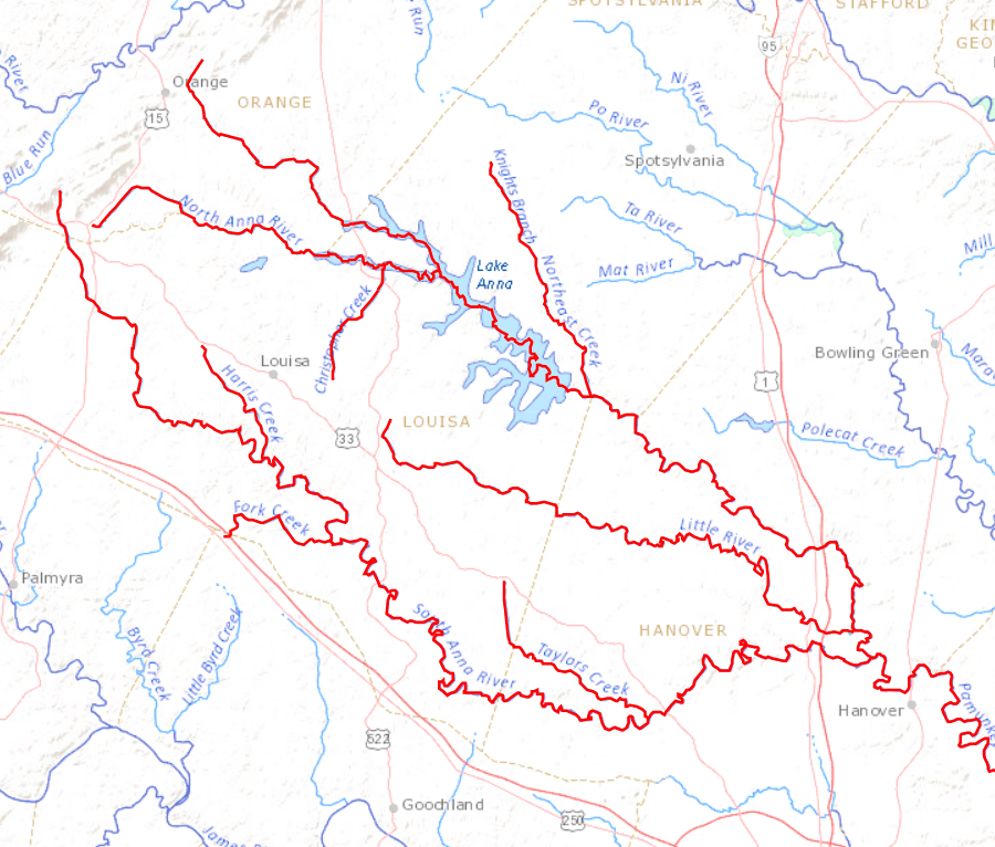 Lederer's options for following the Pamunkey River west from Pemaeoncock Falls