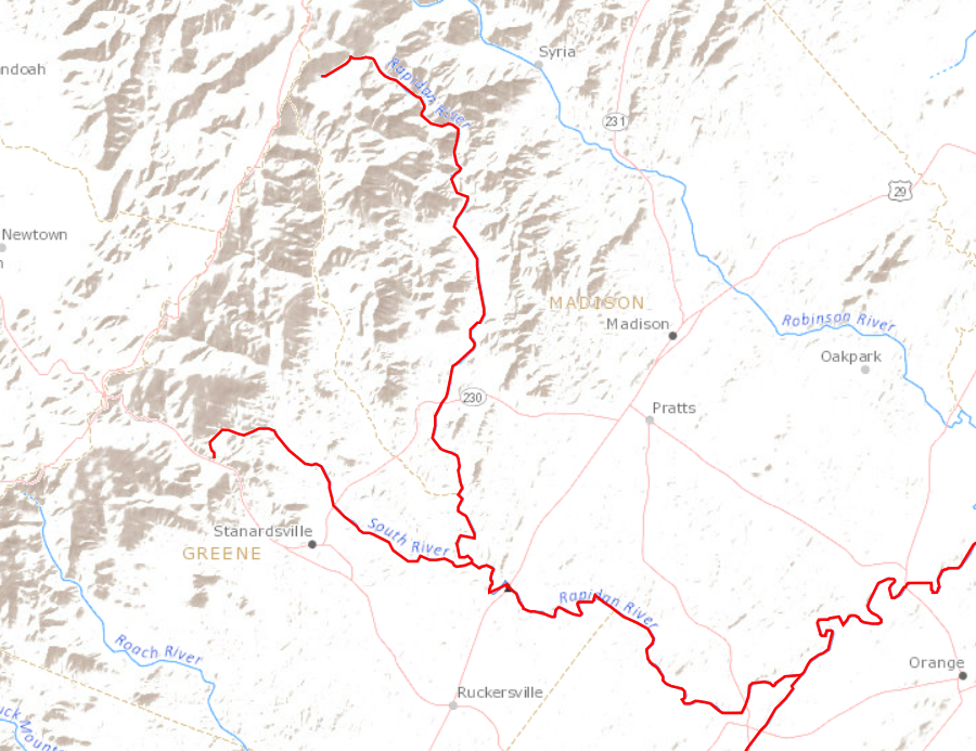 possible routes, if Lederer followed the Rapidan River to the Blue Ridge