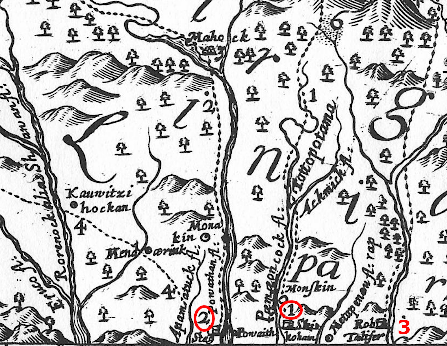 John Lederer started his three journeys in the watersheds of the Pamunkey (1), James (2), and Rappahannock (3) rivers