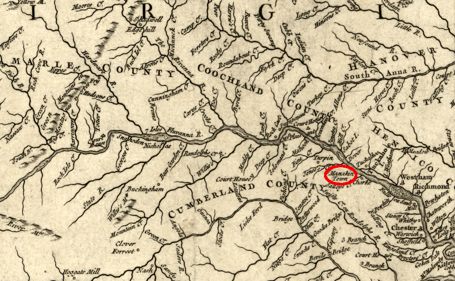 settlement up the James River valley in the Piedmont started in 1700, when French refugees were settled at Manakin Town