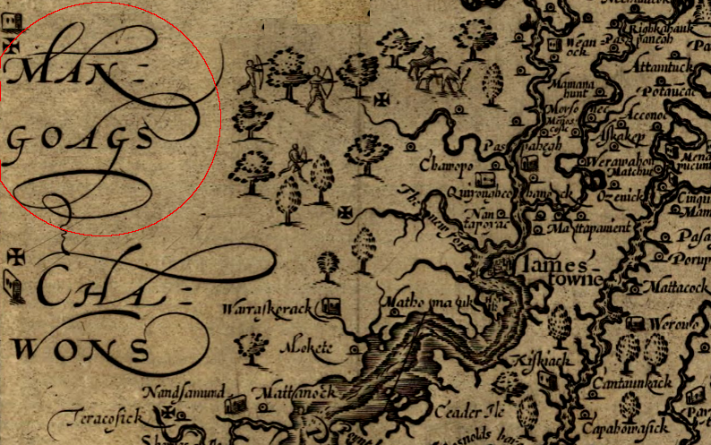 John Smith sent two explorations south from the James River through the land of the Mangoags towards the Chowan River, seeking information about the colonists lost on Roanoke Island