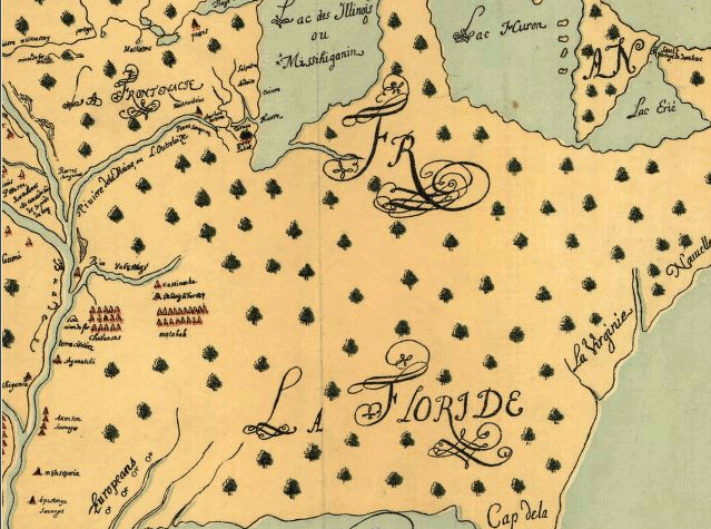 Louis Joliet's 1674 map of large New France and tiny Virginia