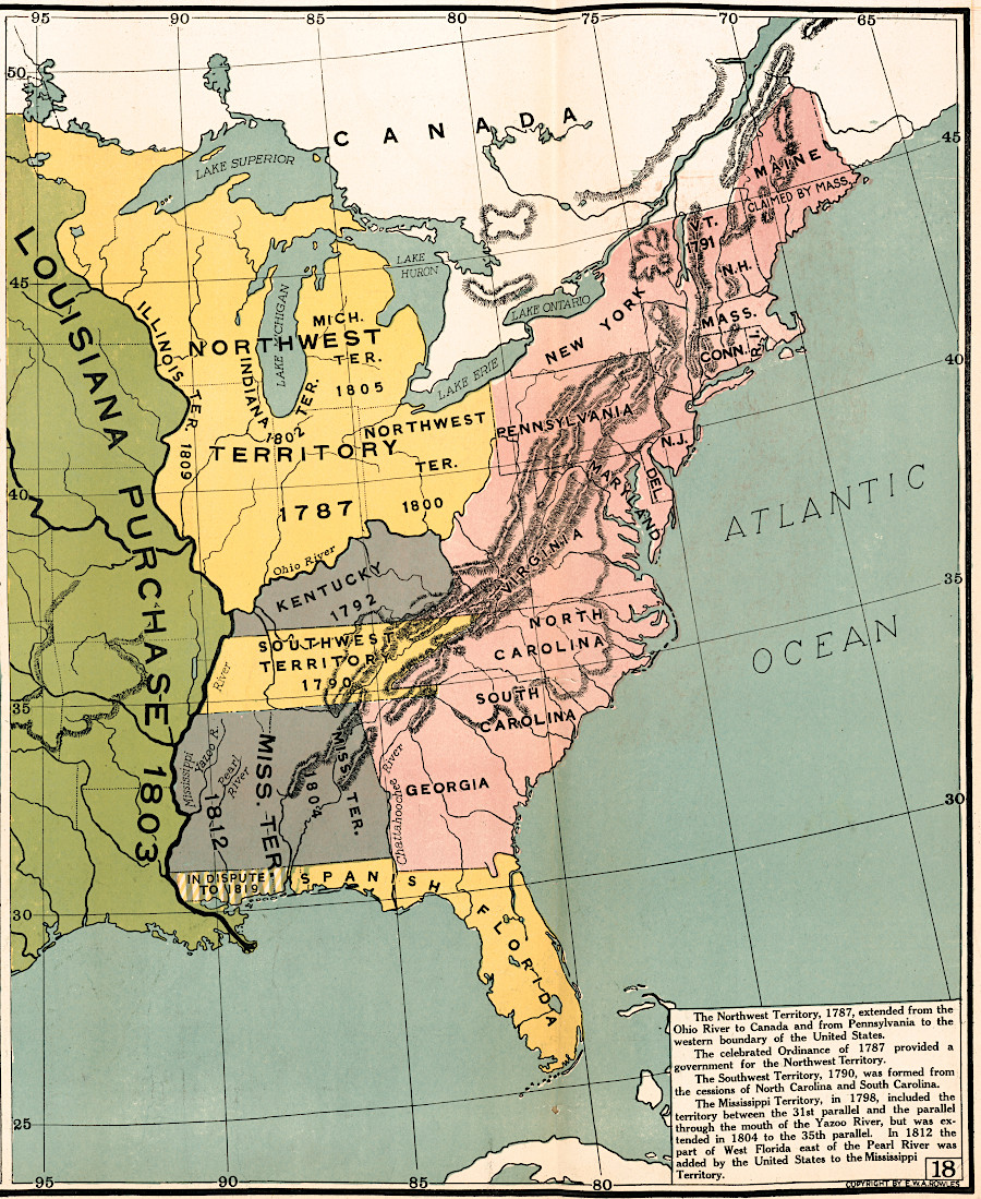 the Land Ordinance of 1785 and the Northwest Ordinance of 1787 guided disposal of the public domain and creation of new states from the Northwest Territory