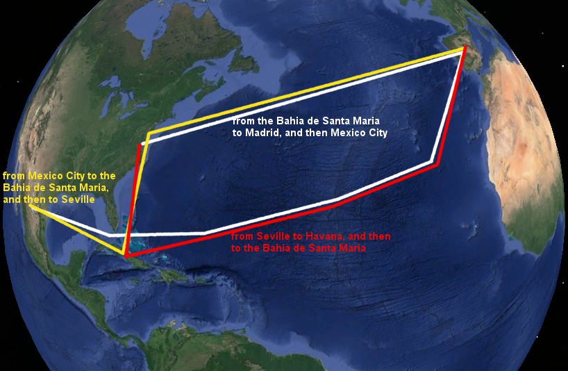 Paquiquineo/Don Luis was carried from the Bahia de Santa Maria to Madrid and then to Mexico City (white line), sent to the Bahia de Santa Maria but forced by storms back to Spain (yellow line), and then shipped from Seville to Havana and finally home (red line)