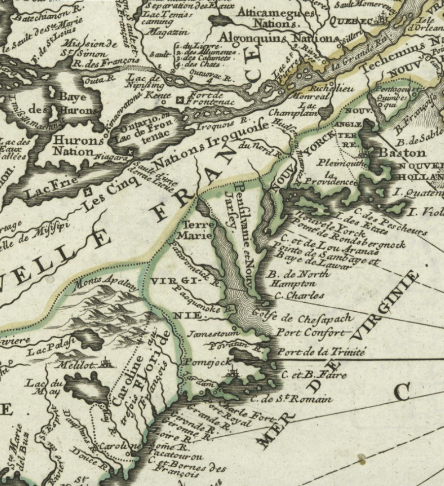 in 1702, the French claimed Nouvelle France extended to the head of the Chesapeake Bay, including the Susquehannock territory