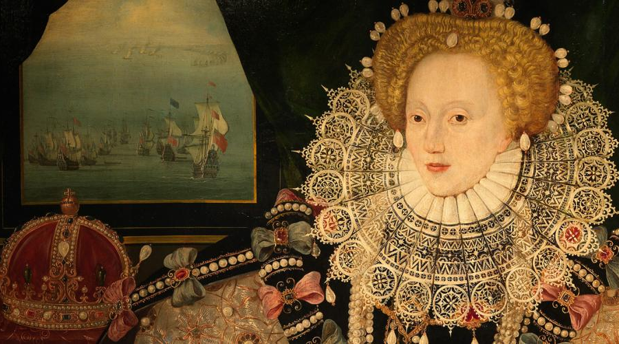 Queen Elizabeth I, with the English fleet engaging the Spanish Armada behind her